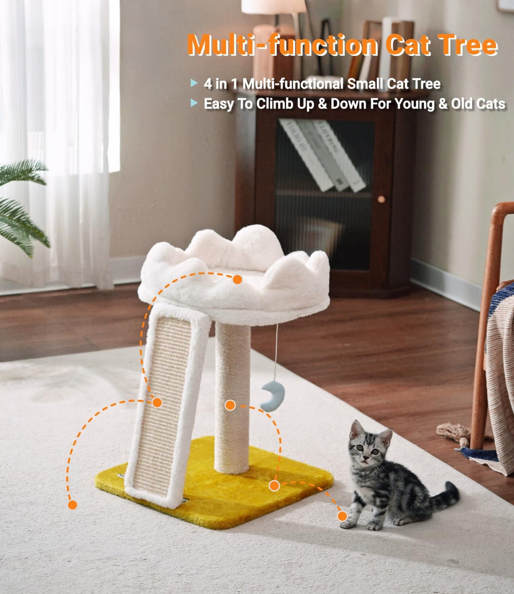 New Cloud Cat Tree Tower, Cat Scratching Post with Bed, Small Cat Tree, Compact Cat Tower with Scratching Pad & Cloud Soft Perch & Cute Toys, Extra Toy, Bounus Catnip